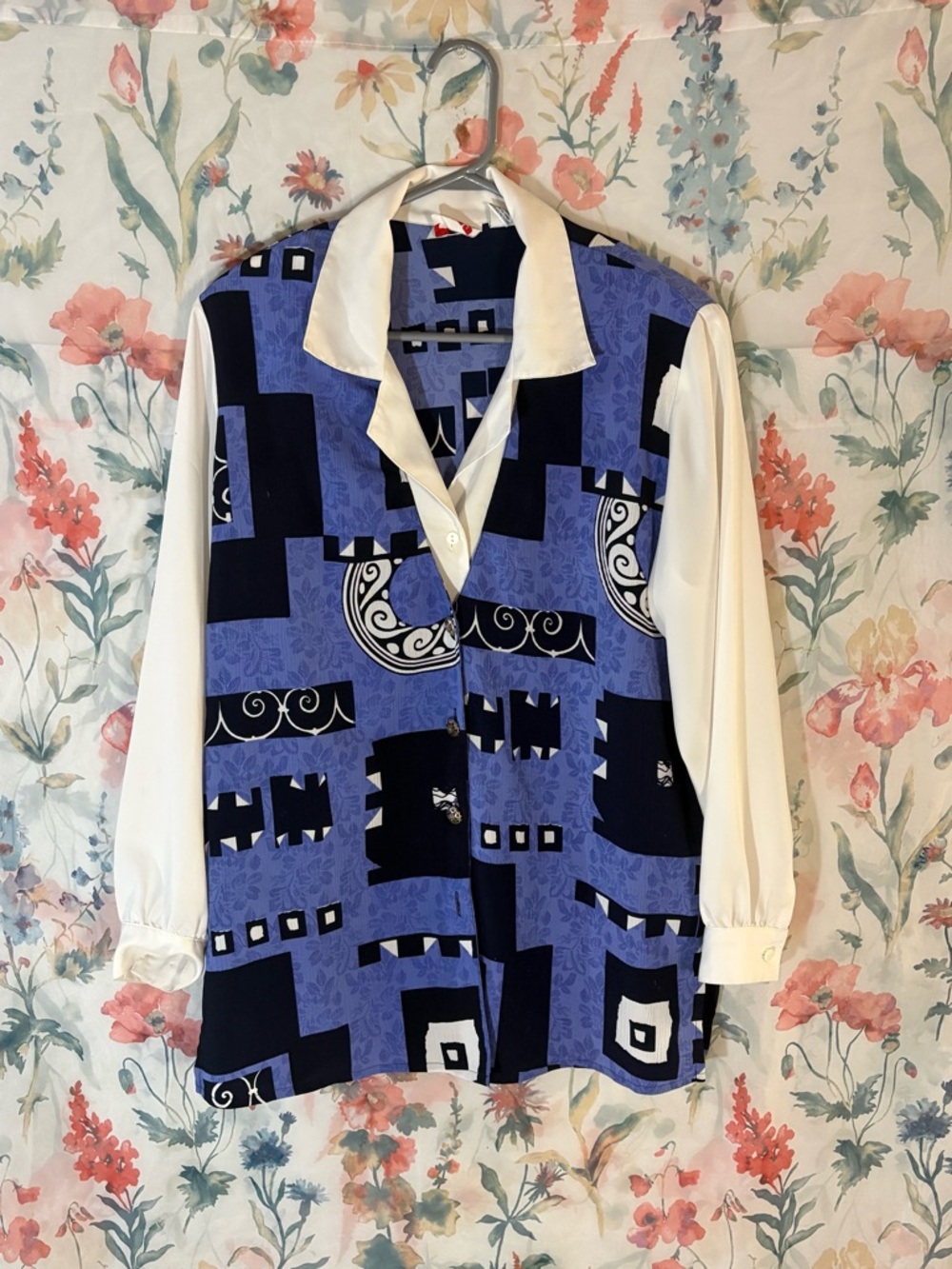 Vintage Alia Blue and White Geometric Print Button-Down Blouse
